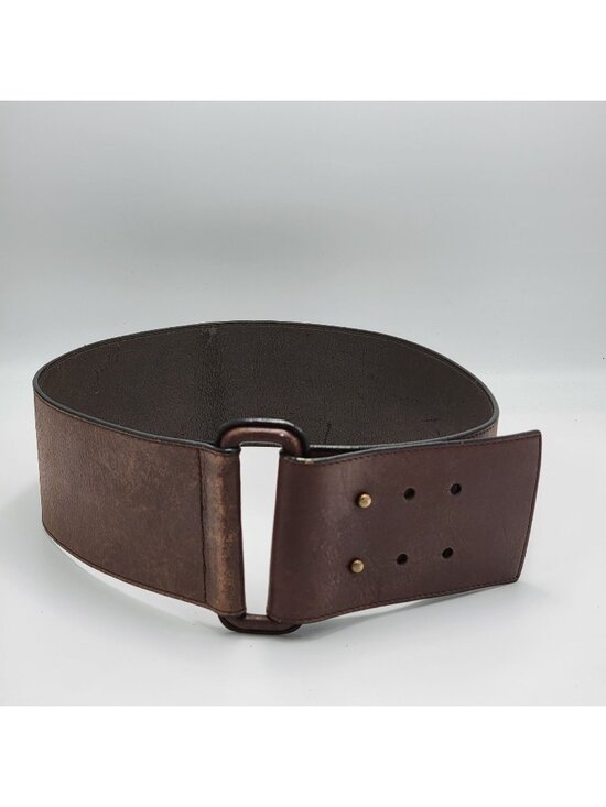N/A Accessories - Vintage Wide Brown Leather Belt With Brass Accents Adjustable Design Made In Chi